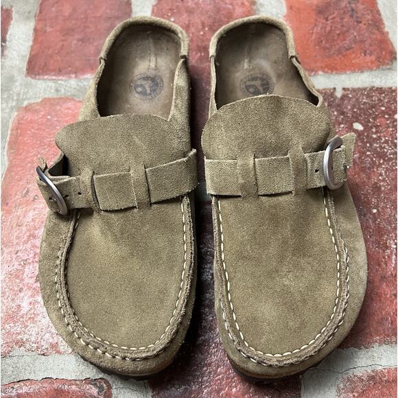 Birkenstock Buckley Suede Tan Clogs Moccasin Buckle Size 38 Narrow - Picture 6 of 14